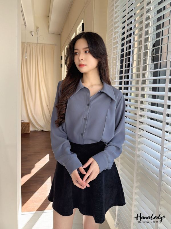 WQA97 簡約三角領車線雪紡衫 