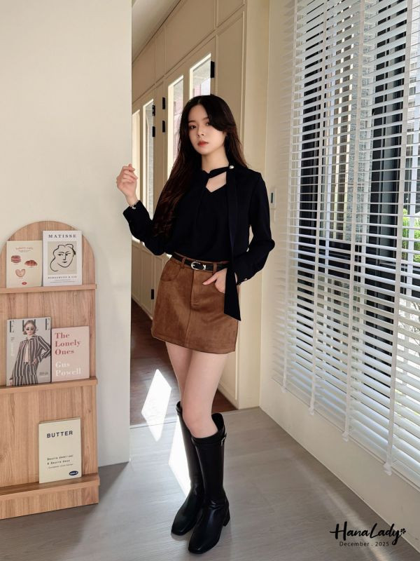 WQA48 簡約珍珠領結雪紡衫 