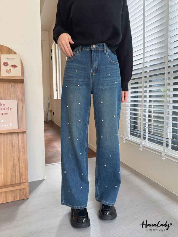 WTA26 超彈性必收珍珠丹寧直筒褲 