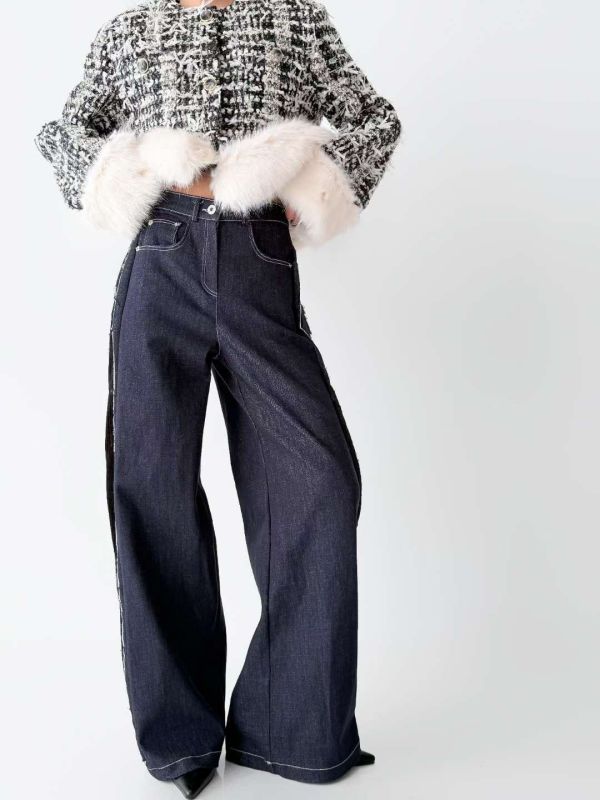 WQA12 燈心絨黑邊長腿丹寧褲 