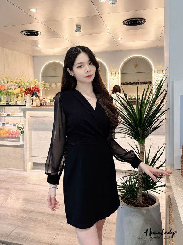 WJA59 層次交叉領透袖雪紡短洋 