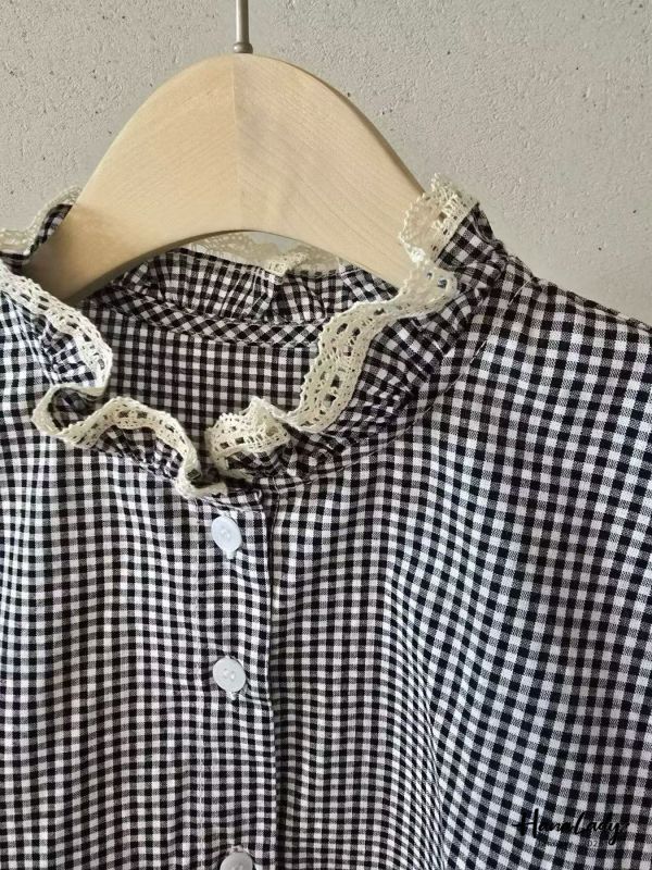 LEA67 拼接蕾絲領格紋襯衫 