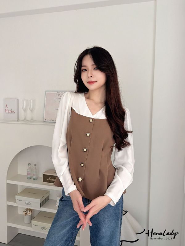 WJA45 優雅V領收腰金扣雪紡 