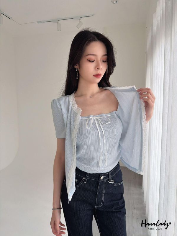 LFA39 有點美綁結翻領蕾絲上衣 