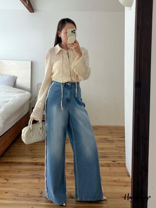 LSA52 珍珠反摺邊直筒丹寧褲 