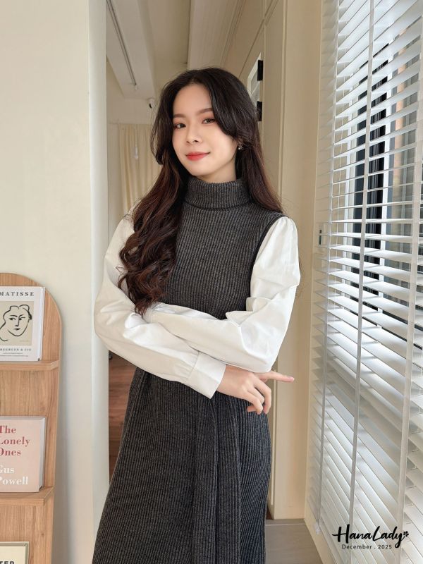 WQB11 高領針織襯衫袖連身裙 