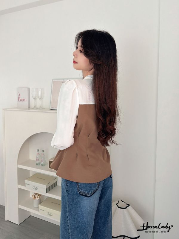 WJA45 優雅V領收腰金扣雪紡 