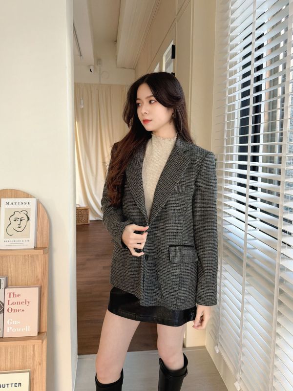 WQA79 燈心絨反摺袖格紋羊毛西外 