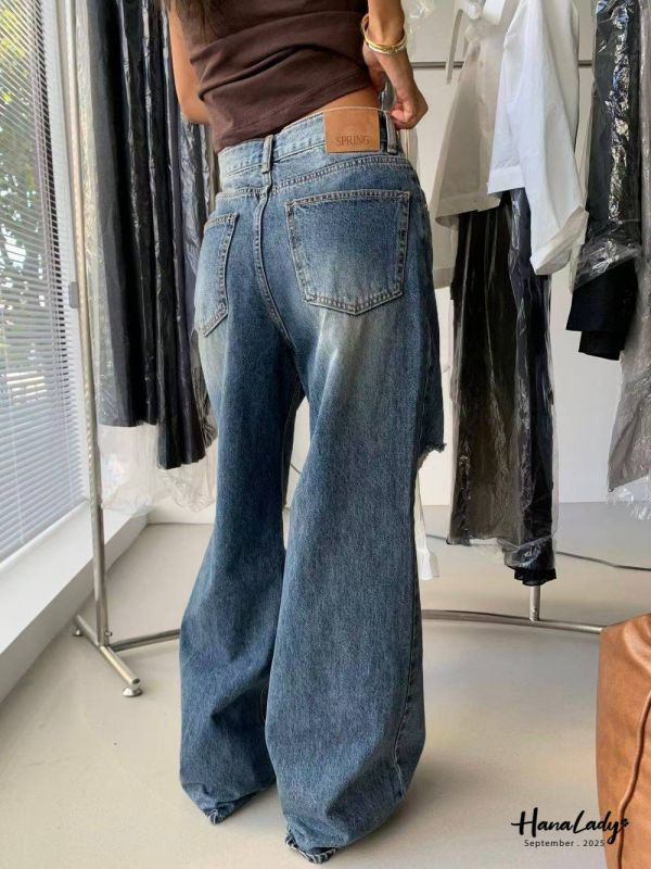 WKA70 超高回頭率刷破鉚釘寬褲 