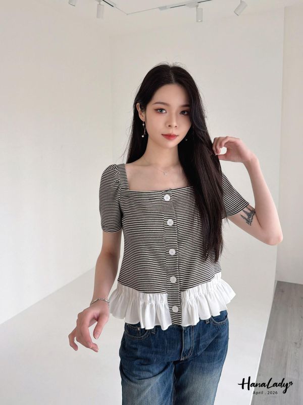 LFA31 條紋裙擺設計方領上衣 
