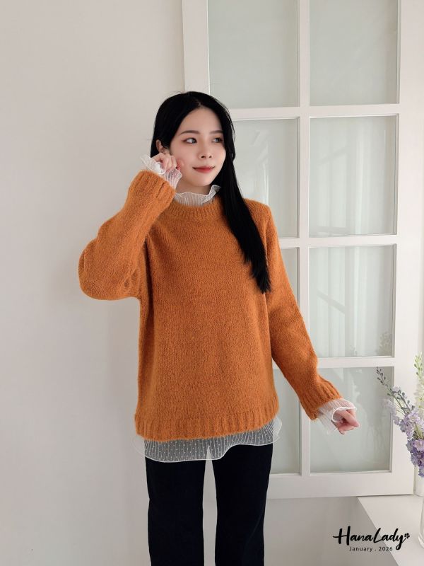 LEA45 拼接點點紗領針織上衣 