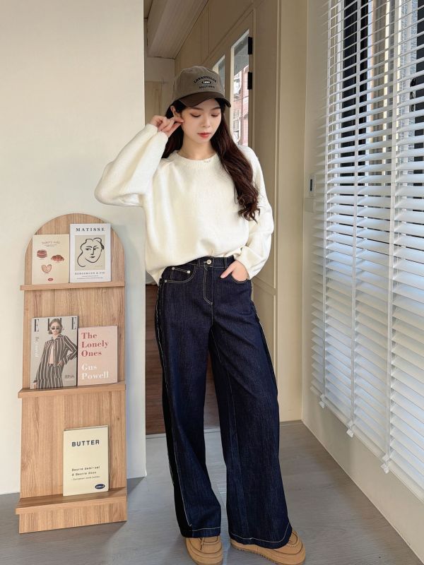 WQA12 燈心絨黑邊長腿丹寧褲 