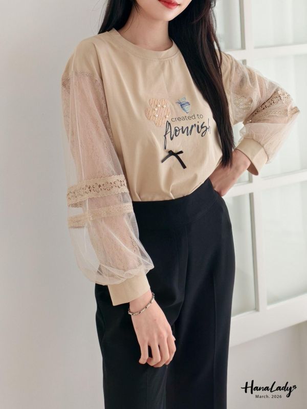 LSA08 知性小花拼接蕾絲袖上衣 