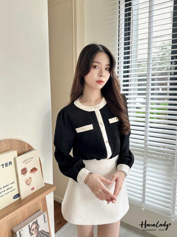 WKA19 餅乾布珍珠釦小香風上衣 