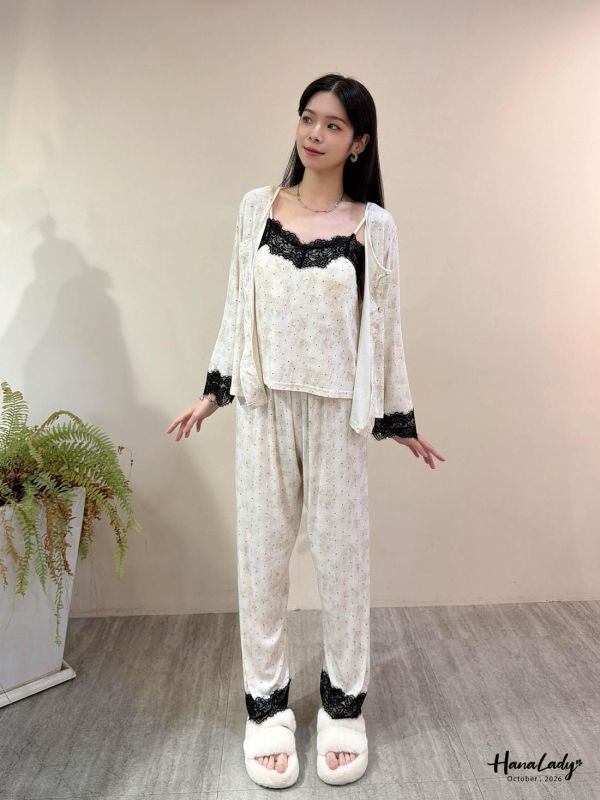 LTA60 三件組黑色蕾絲邊睡衣套裝 