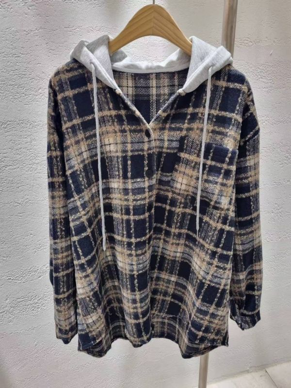 WQA94 配色格紋連帽長版外 