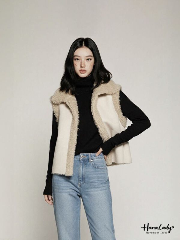 WJA74 麂皮拼毛暖暖翻領背心 