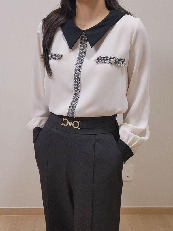 WQA45 毛呢線條小香風雪紡衫 