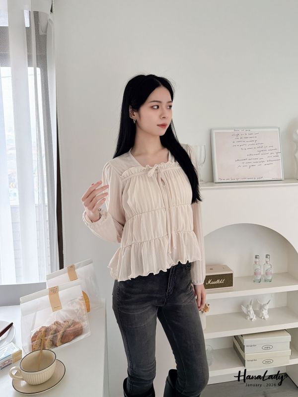 LEA59 綁結領層次QQ邊上衣 