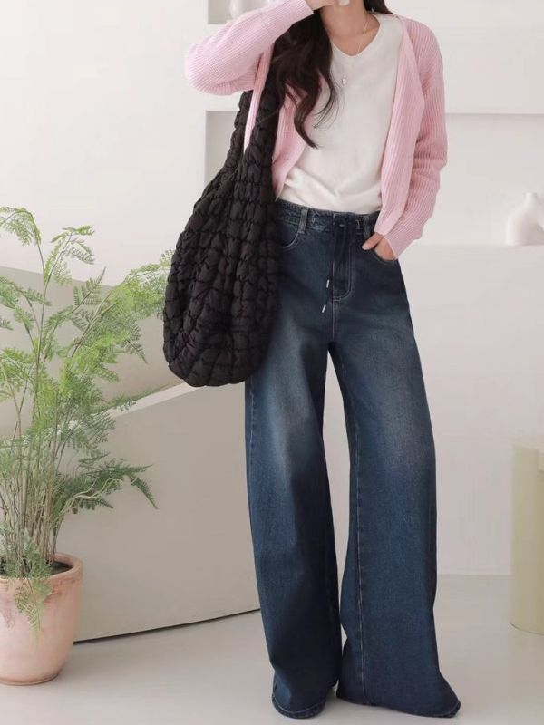 WQA37 人見人愛綁繩腰丹寧寬褲 