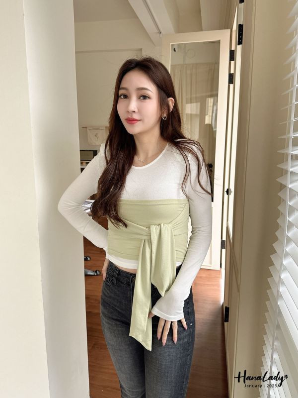 WEA81 舒服混棉綁帶假兩件上衣 