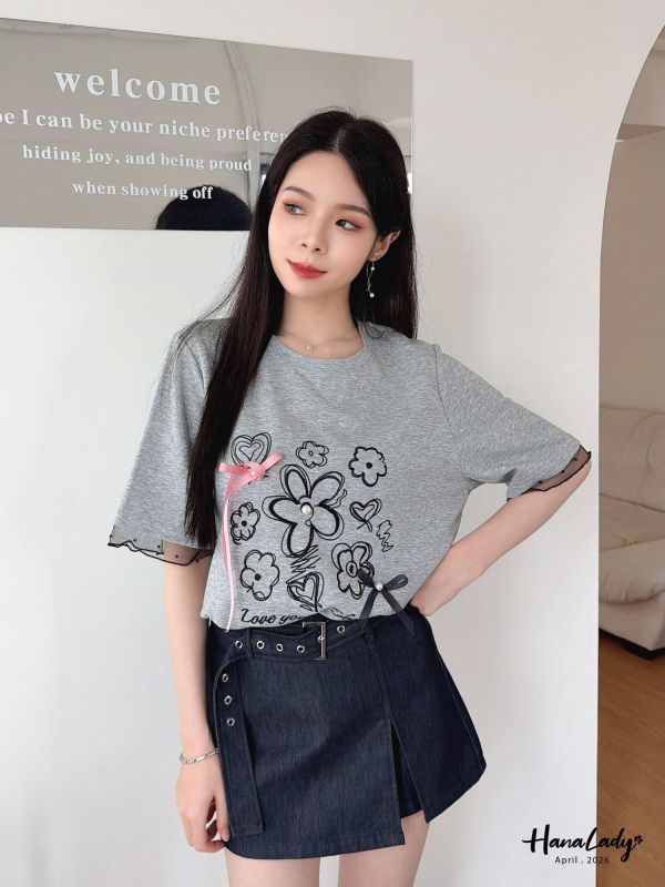 LFA08 刺繡花朵珍珠緞帶T 