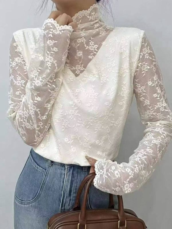 WQB72 V線假兩件內磨毛蕾絲上衣 