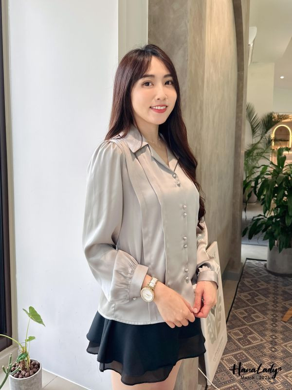 WSA71 雙釦翻領緞面雪紡衫 