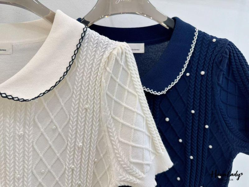 LFA07 菱格紋釘珠千金風針織上衣 