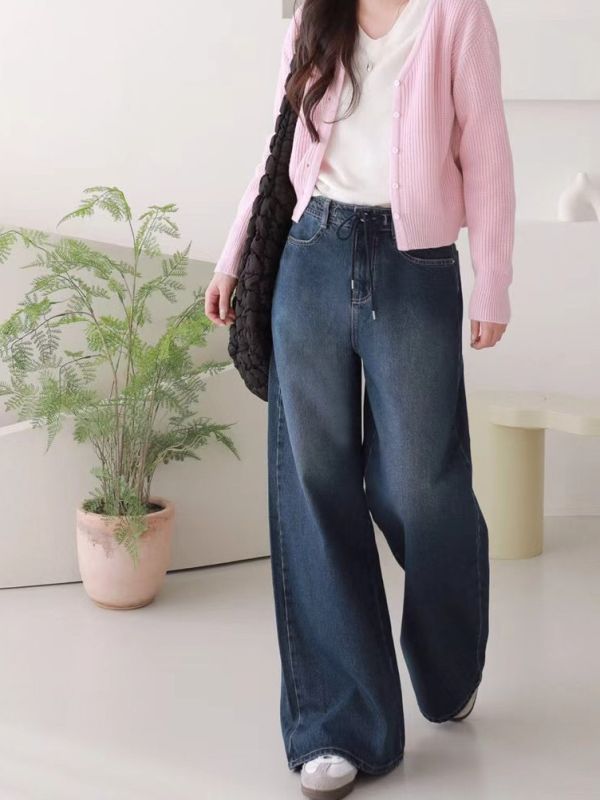 WQA37 人見人愛綁繩腰丹寧寬褲 