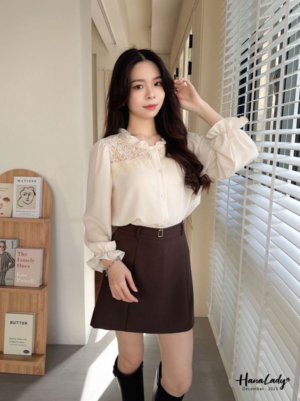 WQA90 優雅荷葉蕾絲領雪紡衫 