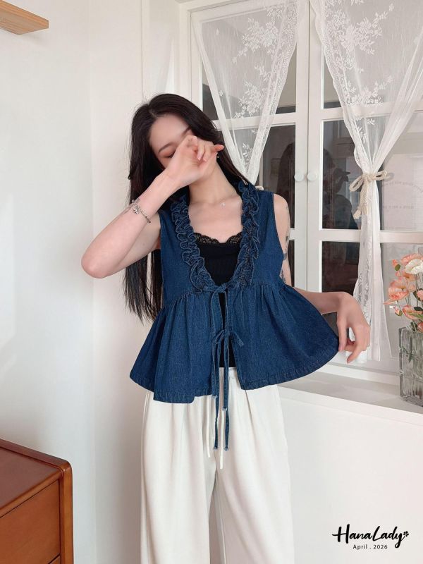 LFA80 甜酷綁結牛仔背心 