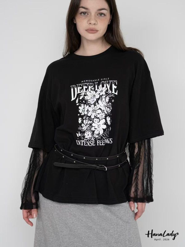 LFA95 假兩件蕾絲袖設計長版T 