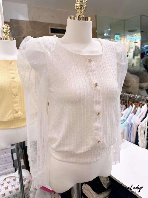 LSA19 蕾絲點點透袖針織上衣 