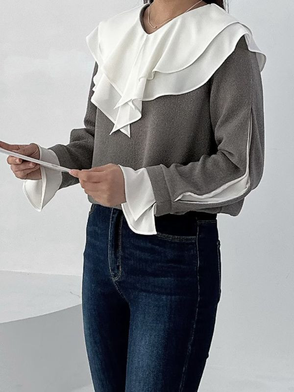 WQA53 波浪三角層刺領針織上衣 