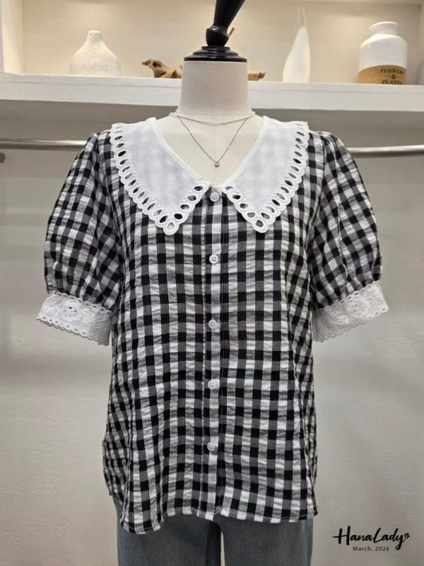 LSA23 刺繡雕花格紋上衣 