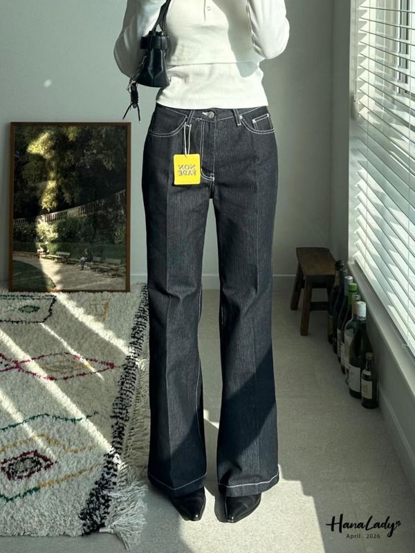 LFA42 直條紋布料丹寧喇叭褲 