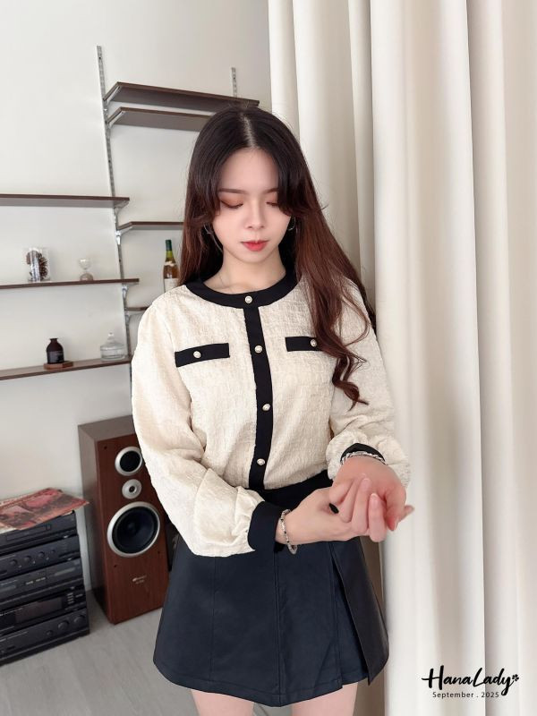 WKA19 餅乾布珍珠釦小香風上衣 