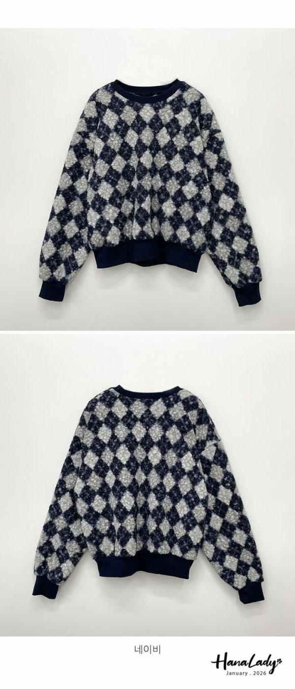 LEA99 灰藍菱格紋毛料針織上衣 