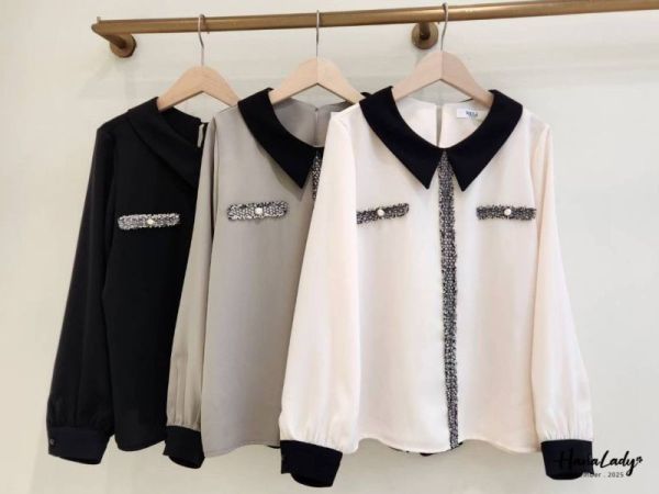 WQA45 毛呢線條小香風雪紡衫 