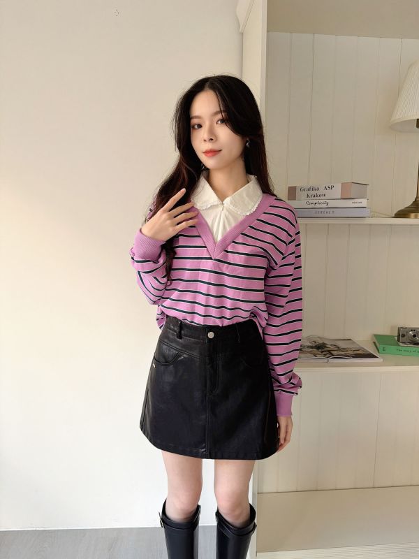 WQA32 假兩件條紋襯衫領上衣 