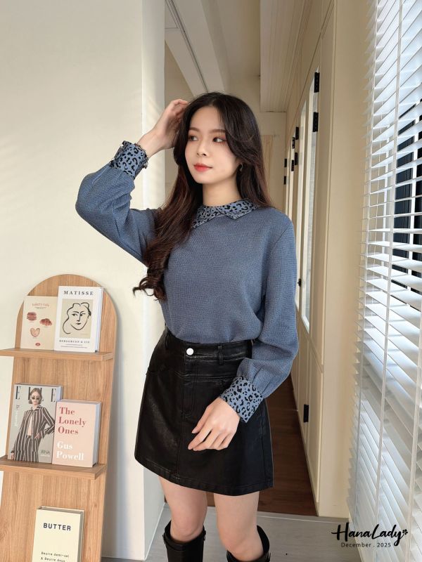 WQA54 豹紋雪紡拼接針織上衣 