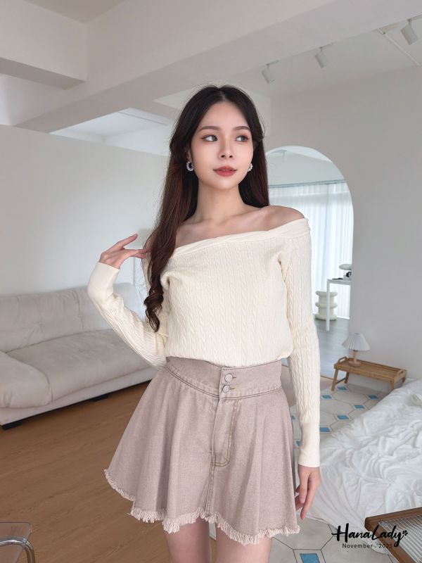 WJA84 寬腰雙釦鬚邊褲裙 