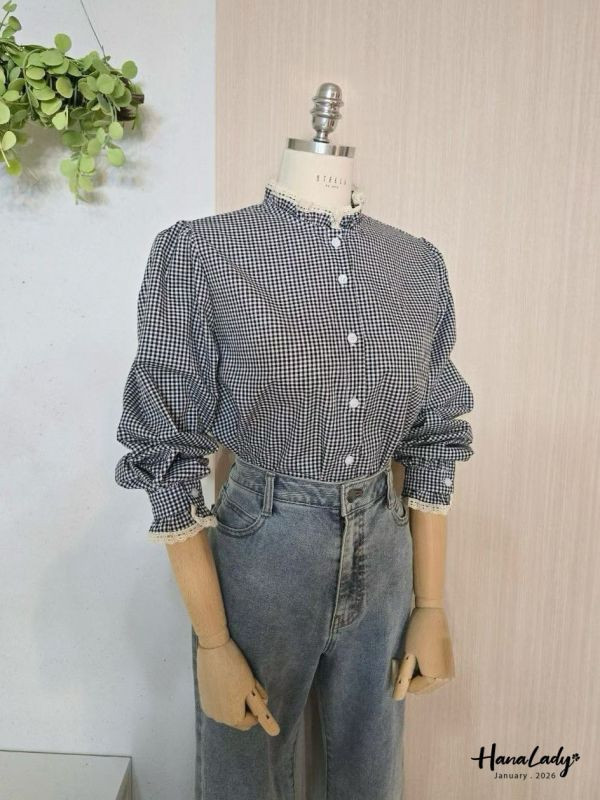 LEA67 拼接蕾絲領格紋襯衫 