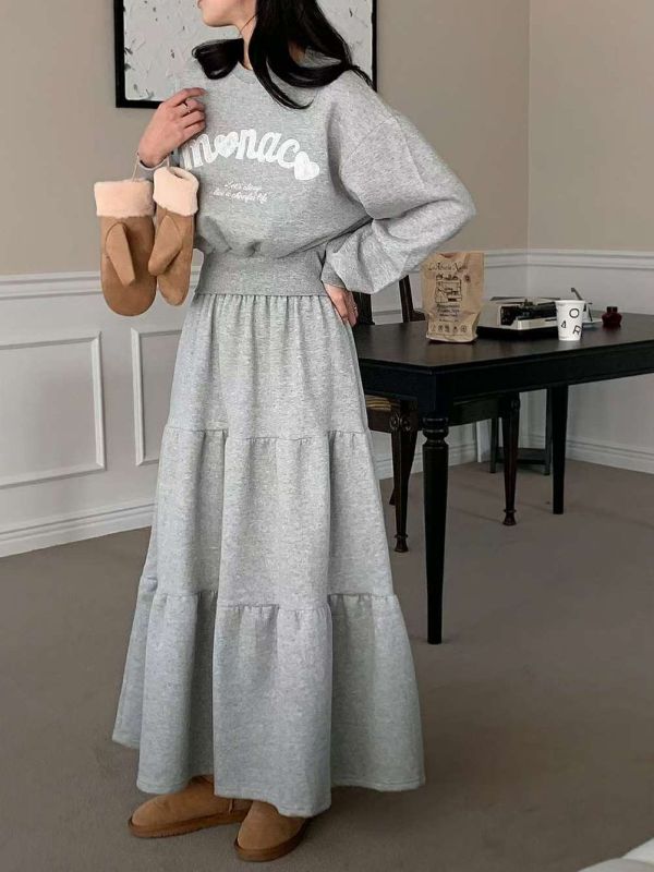 WQB12 蕾絲字母內刷毛蛋糕裙套裝 