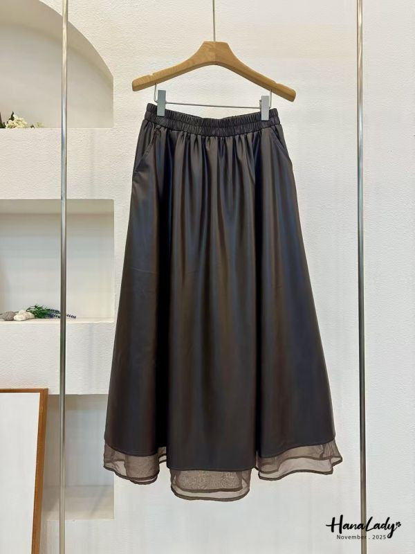 WJA82 層次接紗鬆緊腰皮裙 