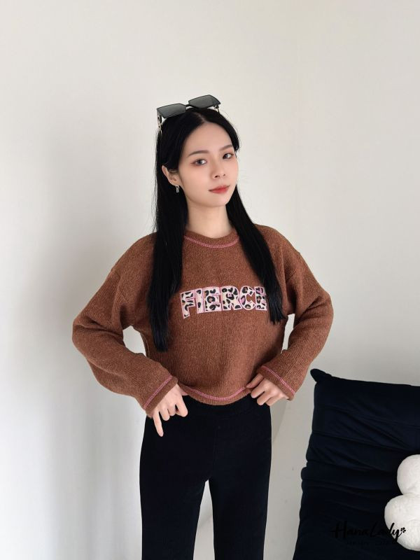 LEA14 絨布豹紋刺繡邊針織上衣 