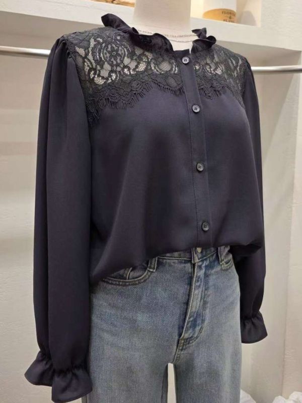 WQA90 優雅荷葉蕾絲領雪紡衫 