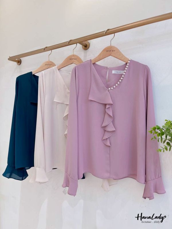 WTA37 釘珠波浪領雪紡上衣 