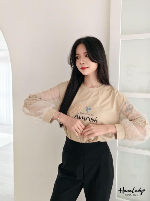 LSA08 知性小花拼接蕾絲袖上衣 